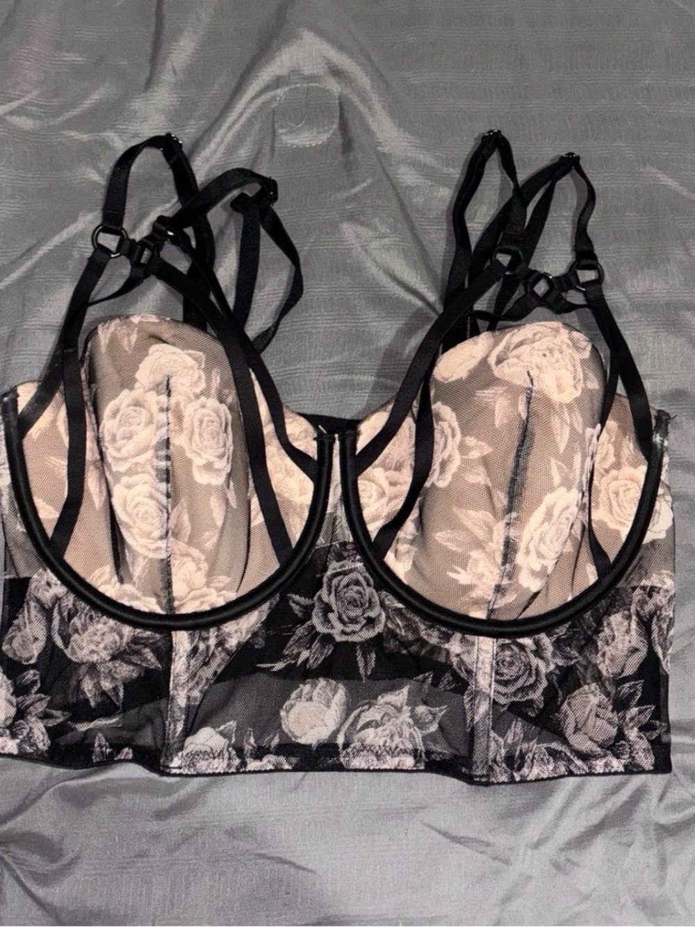 Victoria's Secret Black & Cream Floral Mesh Longline Bra with Strappy Detail